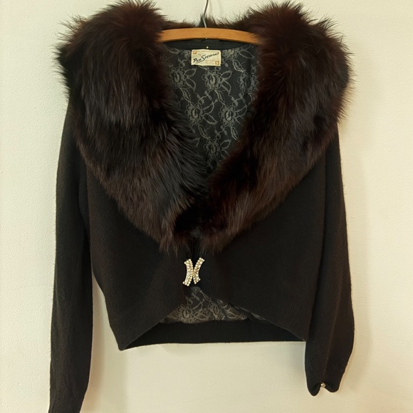 Black & Brown Vintage Cardigan Pam Stewart Real Fur & Wool - Picture 2 of 8